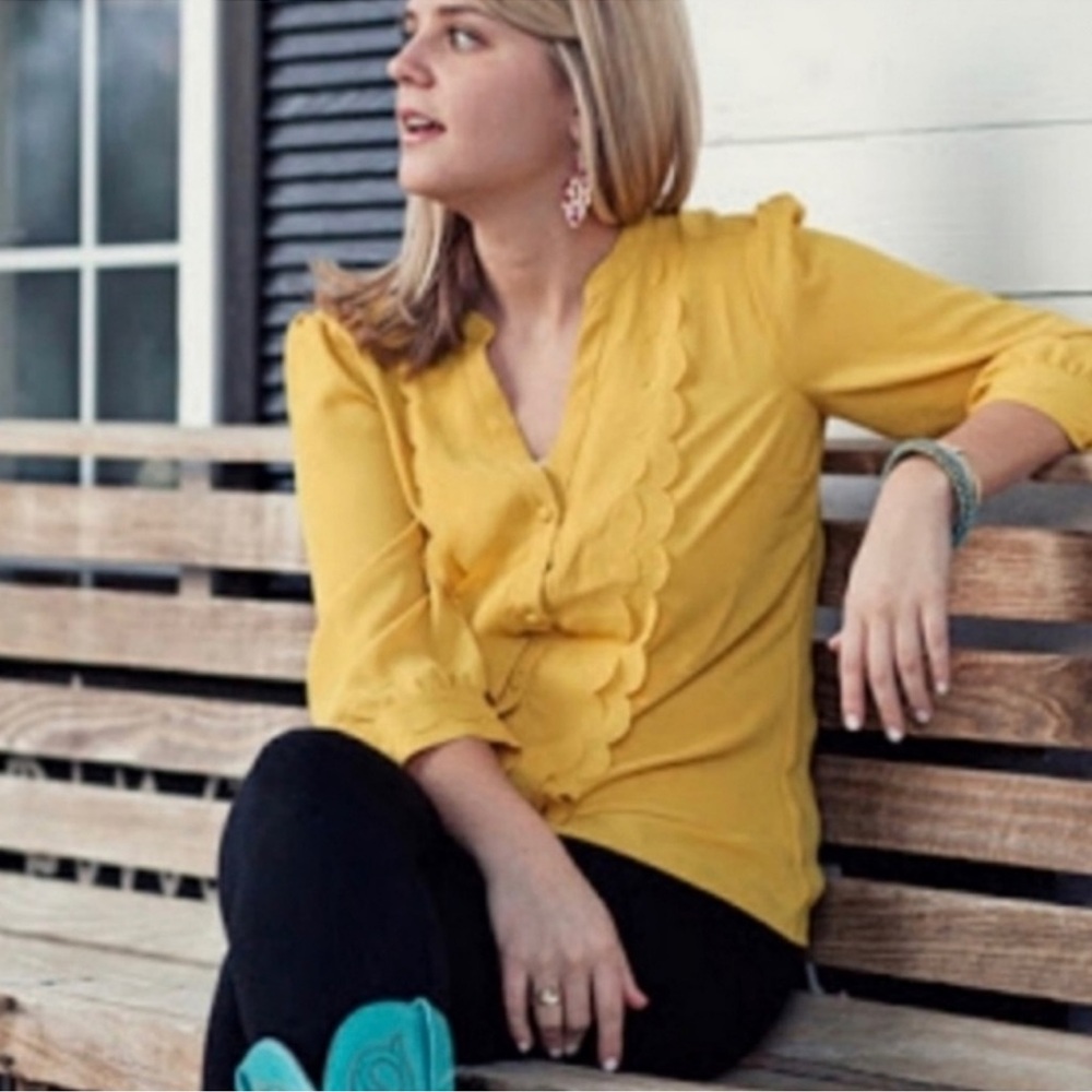 Anthropologie Meadow Rue Yellow Scalloped Blouse - Picture 2 of 9